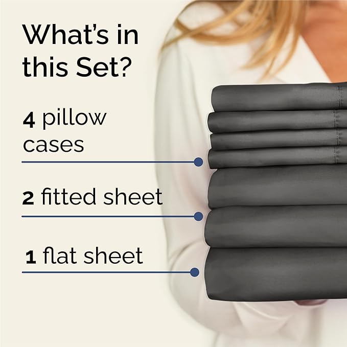 Split King 7 Piece Sheet Set - Cooling & Breathable - Hotel Luxury Bedding, Includes Fitted Sheets for Women, Men, Kids & Teens - 1 Flat, 2 Fitted Sheets, 4 Pillowcases with Deep Pockets - Charcoal