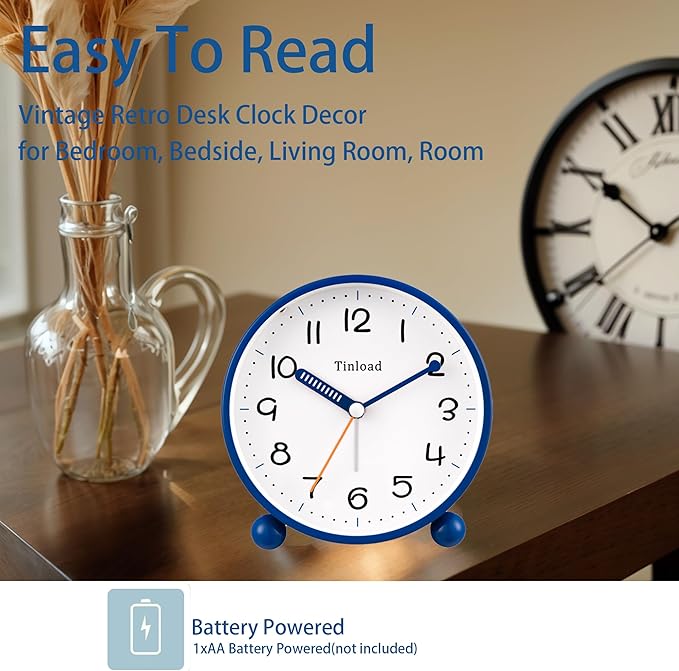 4.5" Antique Retro Analog Alarm Clock, Small Silent Battery Operated Clock with Manual Light, Snooze, Vintage Decor for Bedroom, Living Room, Office, Bedside,Desk（Blue）