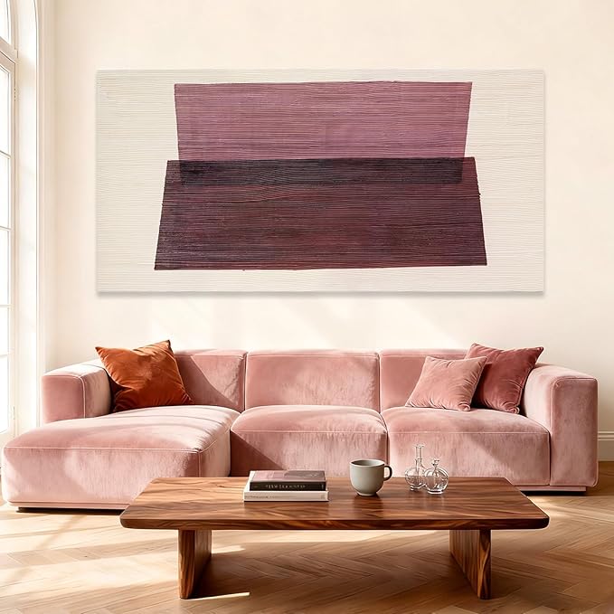 YETHEN WAL Rose Pink Minimalist Wall Art Hand-Painted Line Canvas Painting Aesthetic Artwork for Bedroom Living Room Office 29x58 Inch