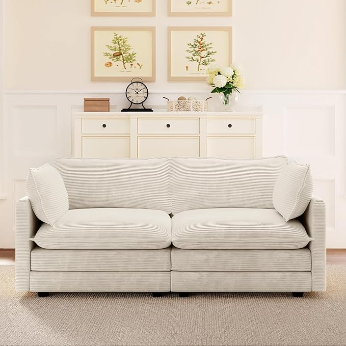 ROWHY 78'' Sectional 2 Seat Cloud Loveseat with 2 Throw Pillows, Modern Corduroy Love Seat, Cozy Sofa for Living Room, Office and Bedroom, Beige