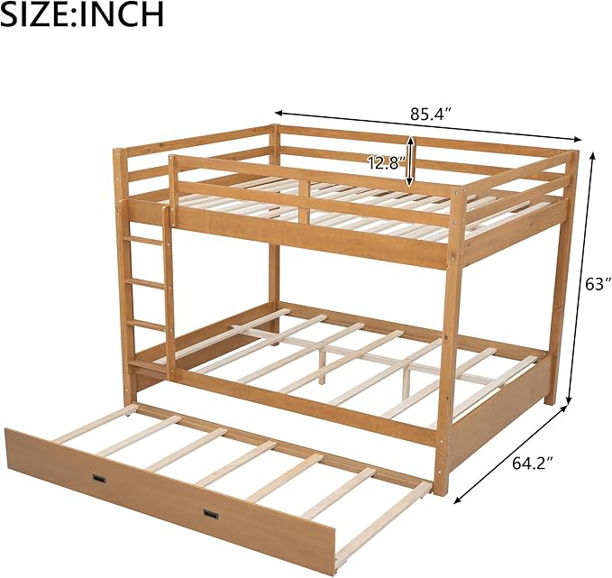 Bellemave Queen Over Queen Size Bunk Bed with Trundle for Kids/Adults,Solid Wood Bunk Bed Frame Queen Size with Ladder & Safety Guardrails,Wood Color