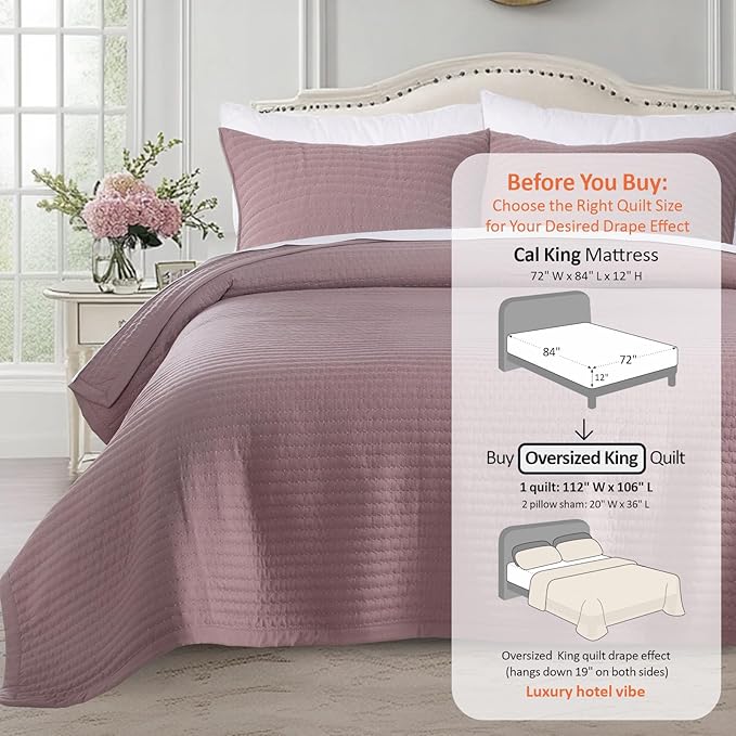 Oversized King Quilt Set 112"x106" – Soft Washed 3-Layer Lightweight California King Bedspread, Minimalist Nordic Design, All-Season Quilt Bedding (1 Quilt + 2 Pillow Shams), Twilight Mauve Purple