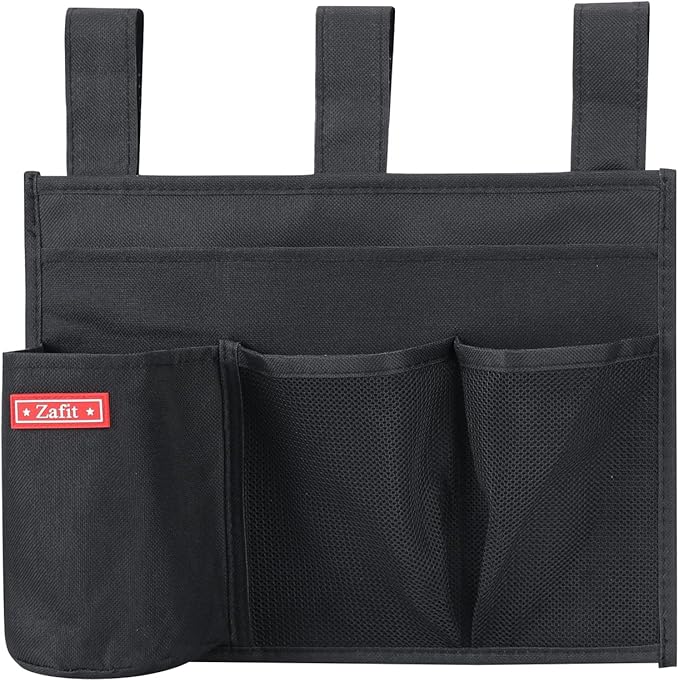 Zafit Hanging Bedside Caddy, Bedside Storage Organizer for Magazine, Phone, Remote control (4 Pockets-Black)