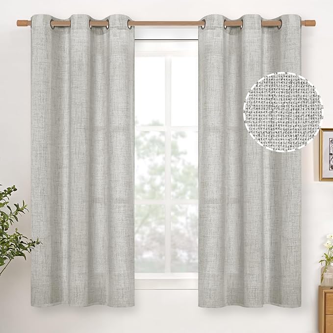 YoungsTex Light Grey Linen Curtains 48 Inch Length, Short Light Filtering Drapes Semi Sheer with Bronze Grommet Lightweight for Bedroom Living Room Windows, 42 x 48 Inch, 2 Panels