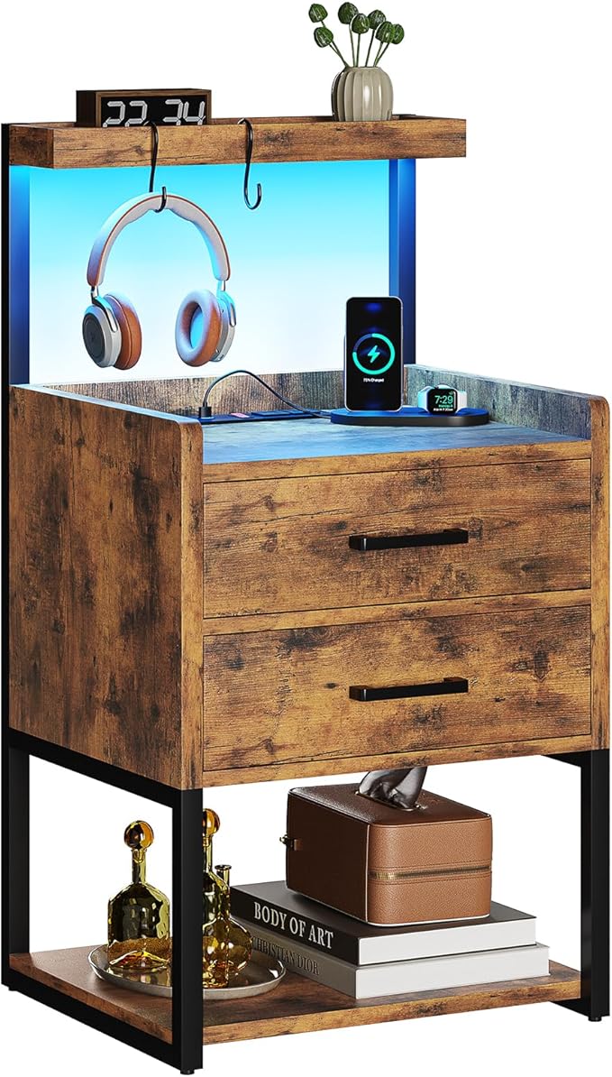 VIAGDO Nightstands Set of 2 with Charging Station, LED Night Stand with 2 Drawers, Rustic Brown Modern Bedside Tables with Open Storage Shelves, End Side Tables for Bedroom, Office