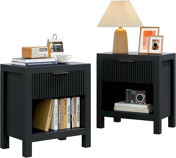 Nightstand Set of 2, Bed Side Table with Storage, Farmhouse End Table with 2 Drawers, Fluted Cabinet Bedside Cabinet for Bedroom Living Room Sofa Couch Office, Black Oak