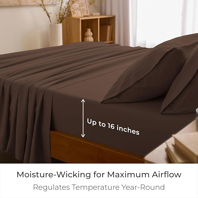 Mellanni Twin XL Sheet Set - 4-Piece Iconic Collection Bedding, (Including 2 Pillowcases), 16-Inch Deep Pocket, Easy Care, Extra Soft, Cooling Sheets, Brushed Microfiber - Brown