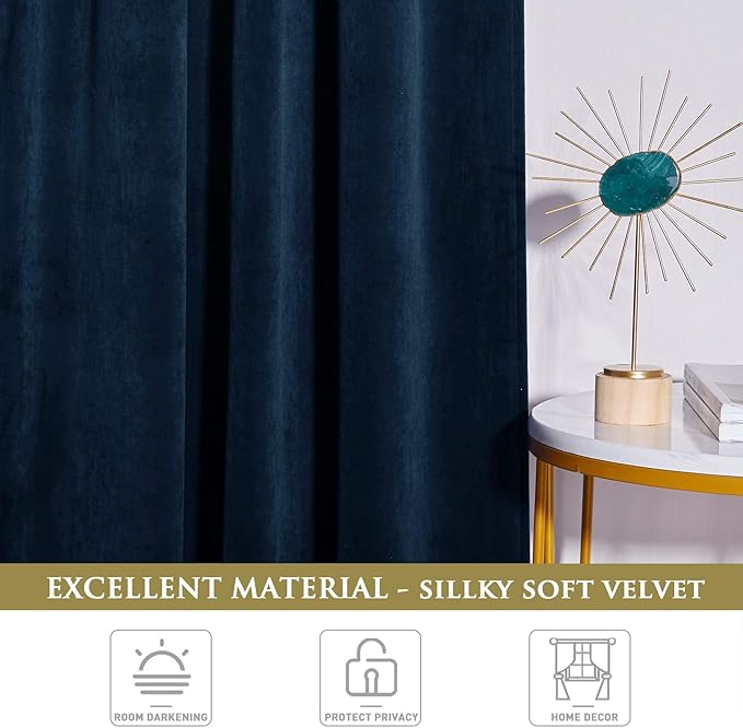 StangH Navy Blue Curtains for Living Room, Luxury Velvet Blackout Thermal Insulated Sliding Door Curtains Heavy Thick Privacy Drapes Home Decor for Office/Bathroom, W52 x L90, 2 Panels