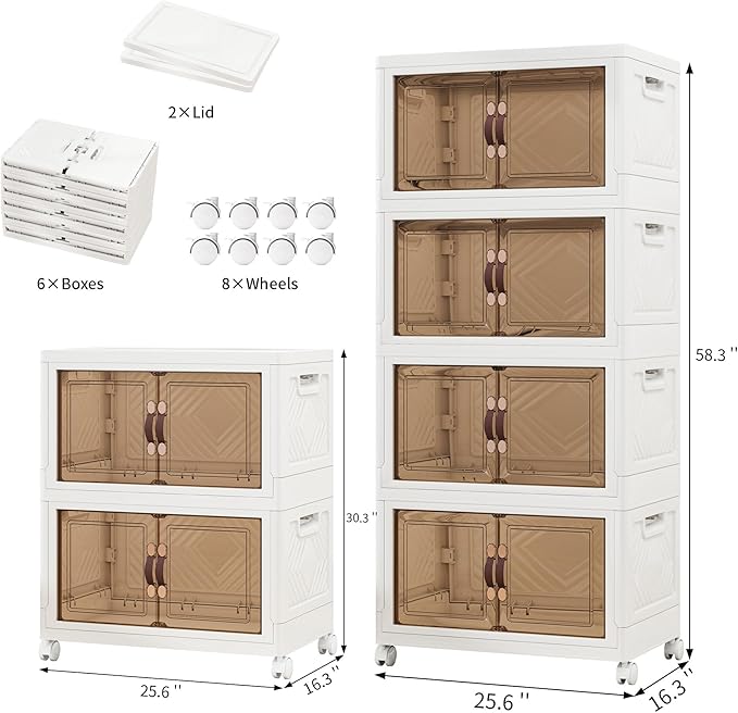 Storage Bins with 2 Lids and Wheels, 660QT-110QT*6Tier Collapsible Bathroom Storage Cabinet with Clear Doors, Plastic Stackable Closet Organizers and Containers White