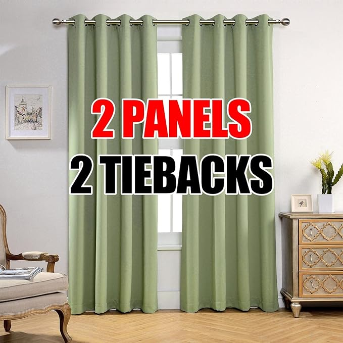 MIUCO Room Darkening Soild Grommets Blackout Curtains Panels for Doors Window Curtains 8 Eyelets Set of 2 52 Inch Wide 95 Inch Long Sage, Bonus 2 Tie Backs Included