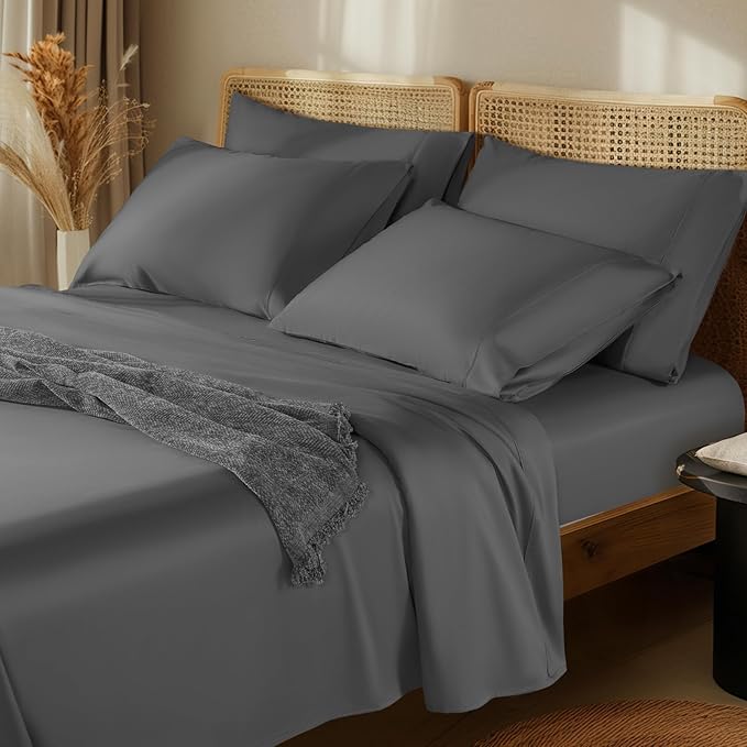 LBRO2M 1000 Thread Count 100% Egyptian Cotton Sheets Set 6 Piece Sets King Bed Sheet Deep Pocket Sheet Set 16" Soft Comfortable All Season (King, Dark Gray)