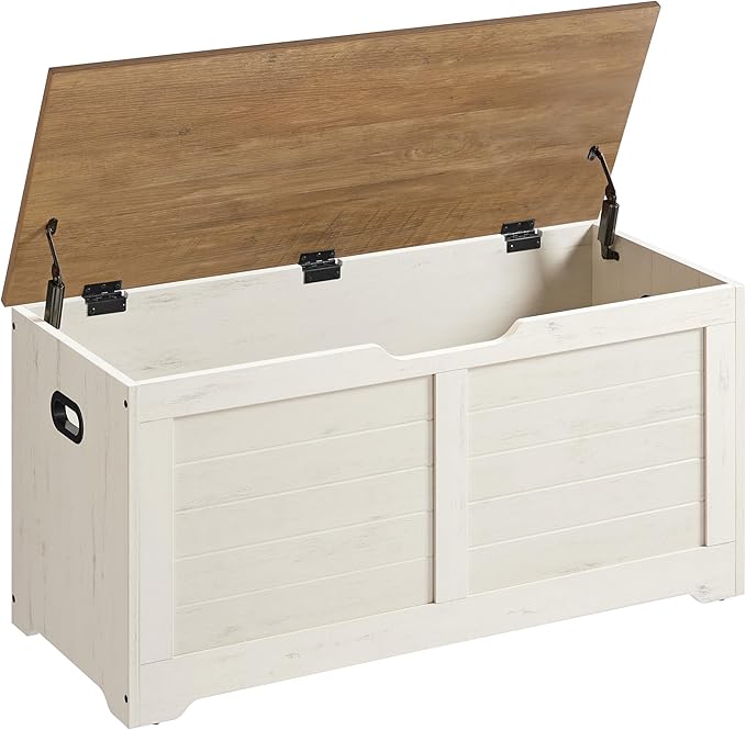 VASAGLE Storage Chest, Storage Bench with 2 Safety Hinges, Farmhouse Style, 15.7 x 39.4 x 18.1 Inches, for Entryway, Bedroom, Living Room, Honey Brown and Rustic White ULSB061WJ02S