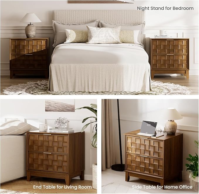 COLAMY Night Stand Set of 2, Nightstand with Charging Station, 22" Modern Bed Side Table with 2 Storage Drawers and Chessboard Relieffor Bedroom, Dorm and Small Spaces - Walnut