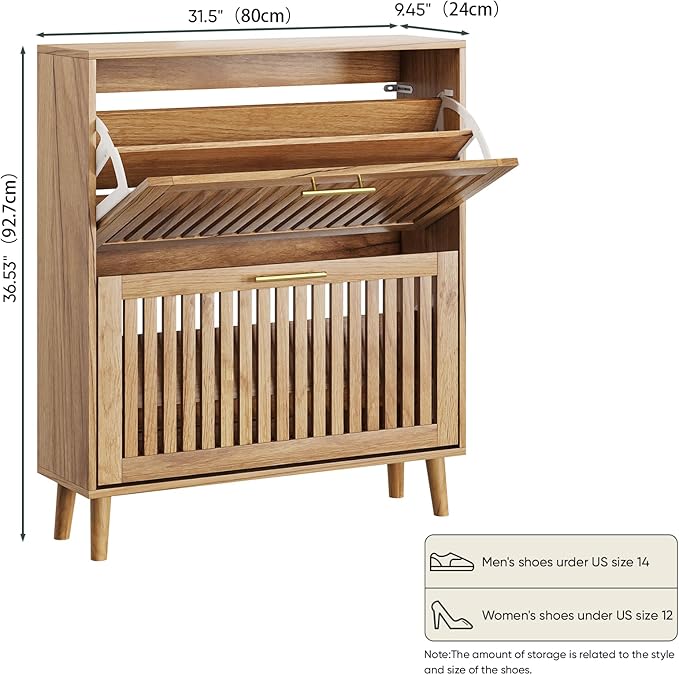 Shoe Storage Cabinet with 2 Flip Slatted Drawers, Narrow Freestanding Shoe Cabinet with Gold Handle, Hidden Entryway Shoe Organizer for Hallway, Foyer, Natural Oak