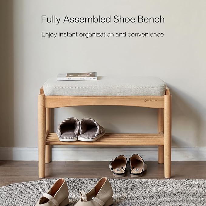 Solid Wood Shoe Bench, Shoe Rack Bench Assembled with Cushion for Entryway, Hallway, Bedroom, Living Room, Beech Wood, 11.8" x 23.6" x 16.5", Natural