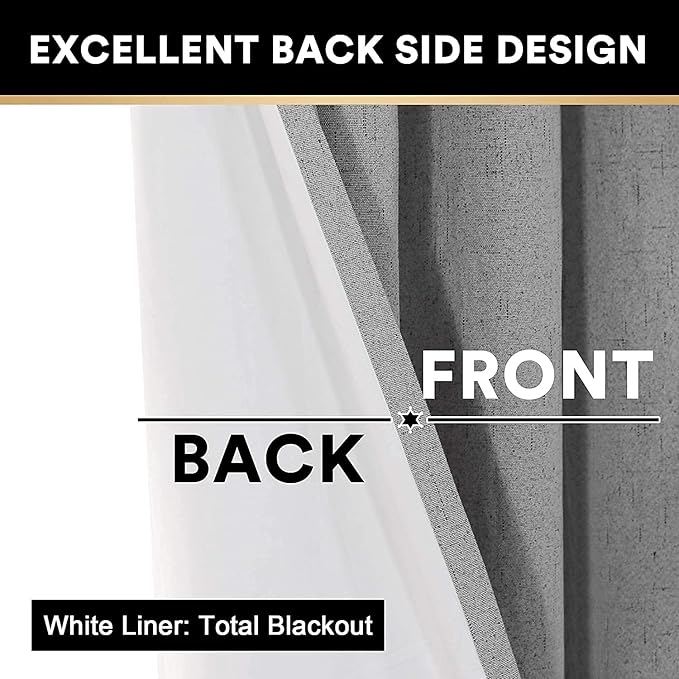 PrinceDeco 100% Blackout Curtains 84 inches Long for Bedroom Dining Room Soundproof Window Treatment Drapes with White Liner Noise Reducing Linen 84 Inch Blackout Curtains，Light Grey，42 x 84 Inch