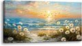SERIMINO Large Canvas Wall Art Prints, Ocean Sunset Landscape Canvas Prints Paintings, Coastal Daisy Paintings Decor, Seaside Wildflowers Wall Decor for Bedroom Living Room Dining Room 29"X57"