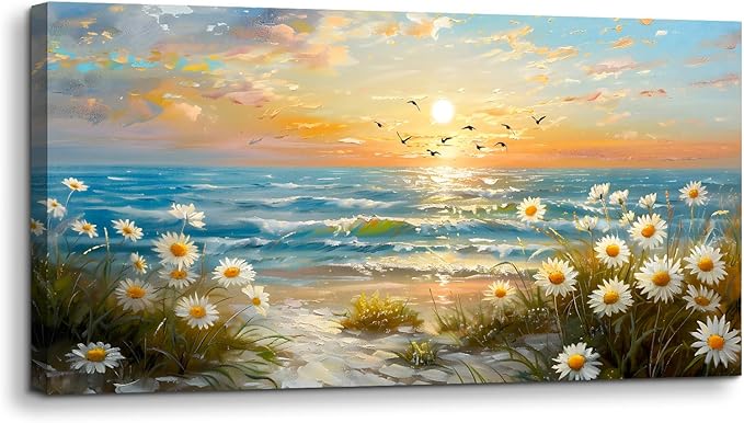 SERIMINO Large Canvas Wall Art Prints, Ocean Sunset Landscape Canvas Prints Paintings, Coastal Daisy Paintings Decor, Seaside Wildflowers Wall Decor for Bedroom Living Room Dining Room 29"X57"