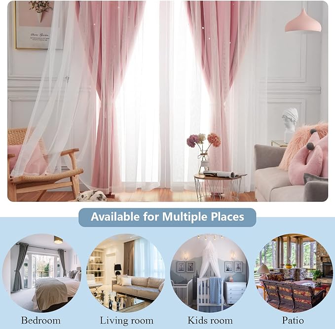 Star Curtains Double Layer Curtains Blackout Curtains for Bedroom Kids Curtains Cute Curtains, Curtains 63 Inches Long 2 Panels Set, Pink Curtains, 42 X 63 Inches