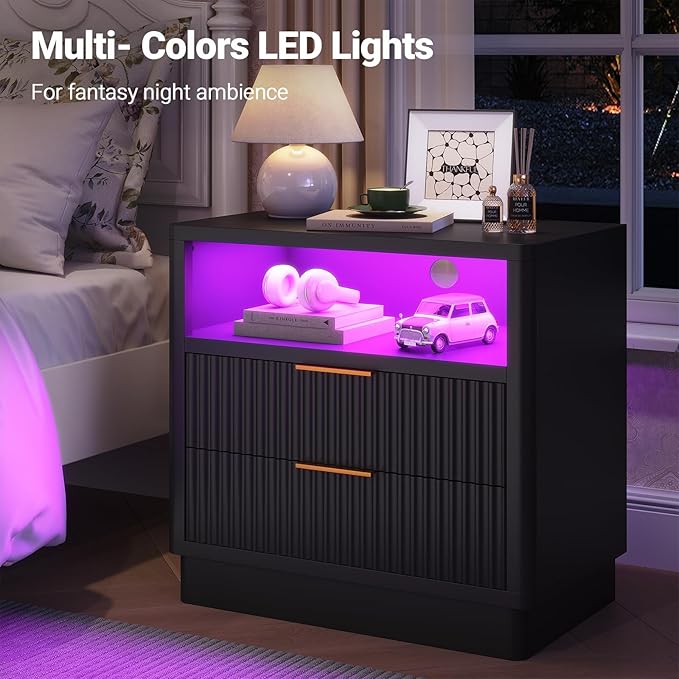 ELYKEN 24" Fluted Nightstands Set of 2, LED Night Stand with Charging Station, 2 Pack Bedside Table End Table with 2 Drawers and Shelf for Bedroom Living Room, Black