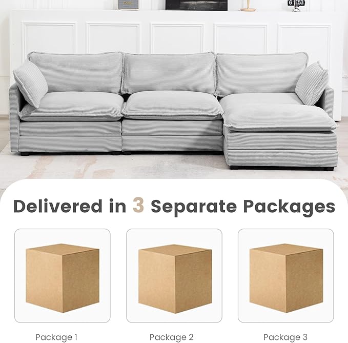 ROWHY Oversized Modular Sectional Sofa with Movable Ottoman, 112 Inch 4 Seat Modern Corduroy Sofa Set, Convertible L Shaped Couch for Living Room and Office, Light Grey