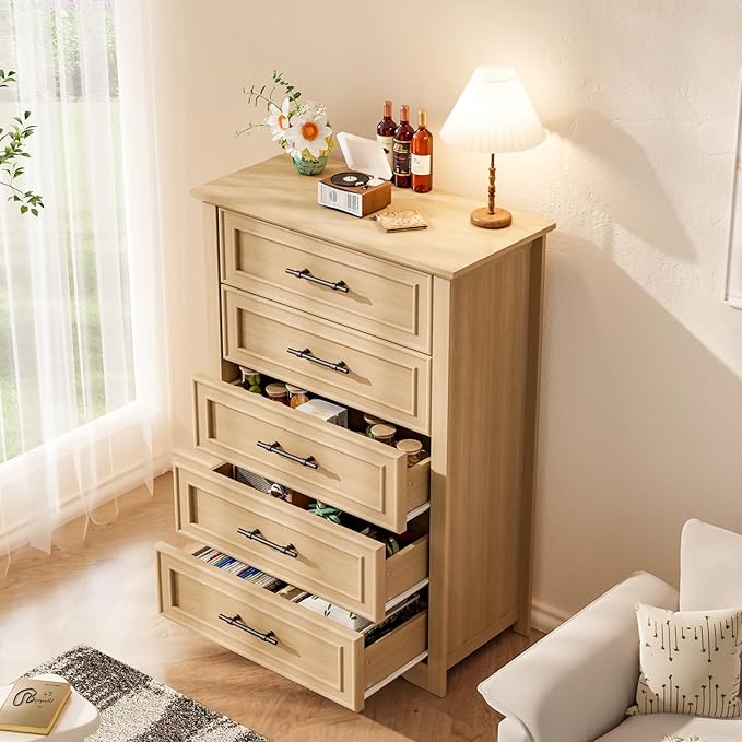 Farmhouse 5 Drawers Dresser, 45.5" H Modern Country Storage Dressers with Brushed Metal Handles, Wood Storage Organizers for Bedroom, Living Room, Hallway, Light Oak
