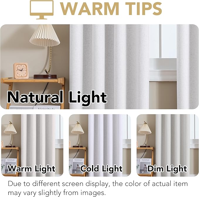 H.VERSAILTEX Linen Curtains 100% Blackout Curtains for Bedroom 45 inch Long Full Light Blocking Nature Linen Blended Window Curtains for Living Room Nickel Grommet (2 Panels, Heathered White)