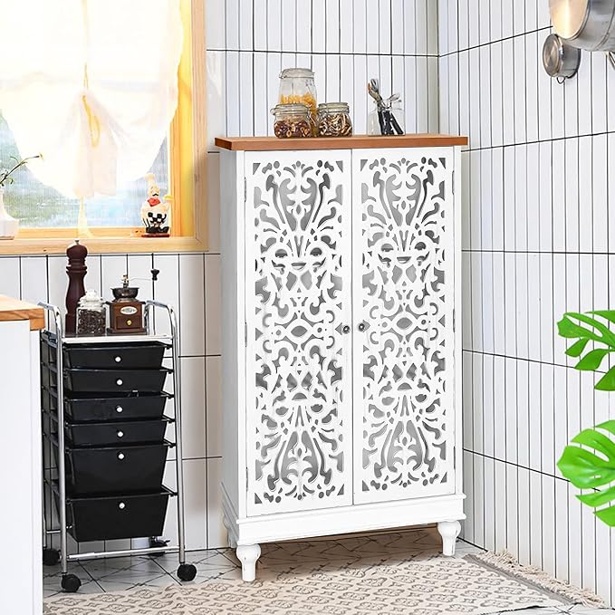 PHI VILLA Tall Accent Cabinet with Doors - Farmhouse Storage Cabinet for Living Room White