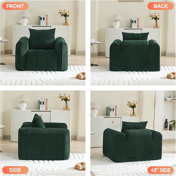 Oversized Boneless Corduroy Accent Chair, Comfy Deep Seat Armchair for Bedroom, Modern Upholstered Living Room Sofa Chair with Pillow, No Assembly, Green