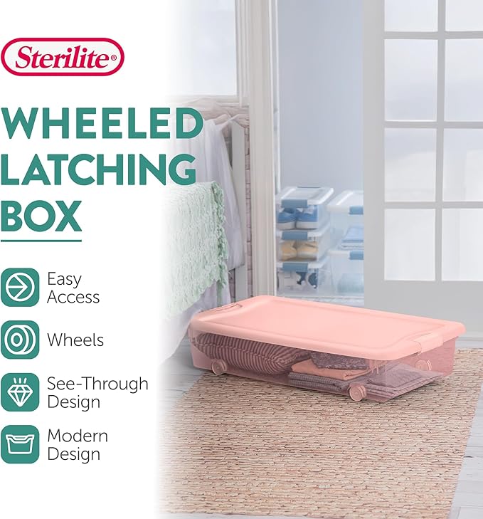 Sterilite 4 Pack Wheeled Under Bed Storage Container, 56 Qt Plastic Bin w/Latching Lid for Organization - Clothes & Shoes Organizer, Pearl Blush Tint