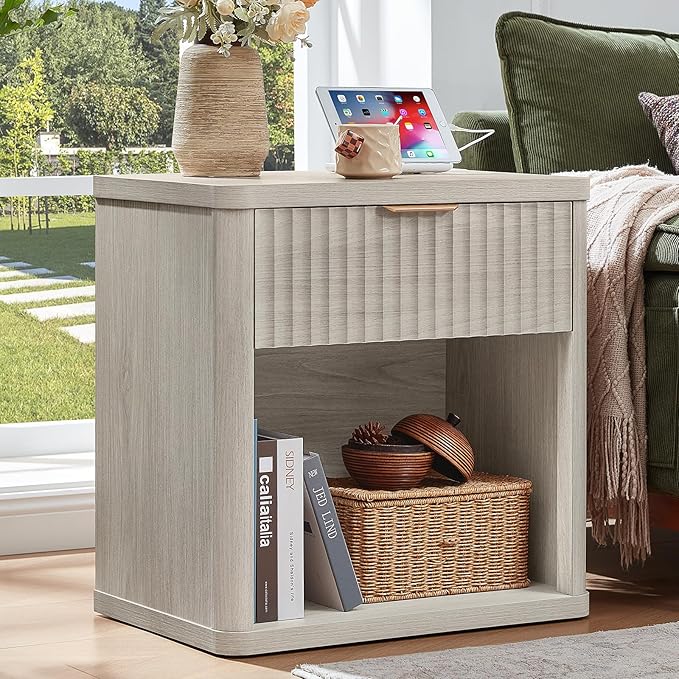 LEYAOYAO 23" Wide Fluted Night Stand with Charging Station, 1 Drawers Large End Table with Storage, LightGrey Nightstand Wood Bedside Tables, Farmhouse Cabinet Dresser for Bedroom, Closet