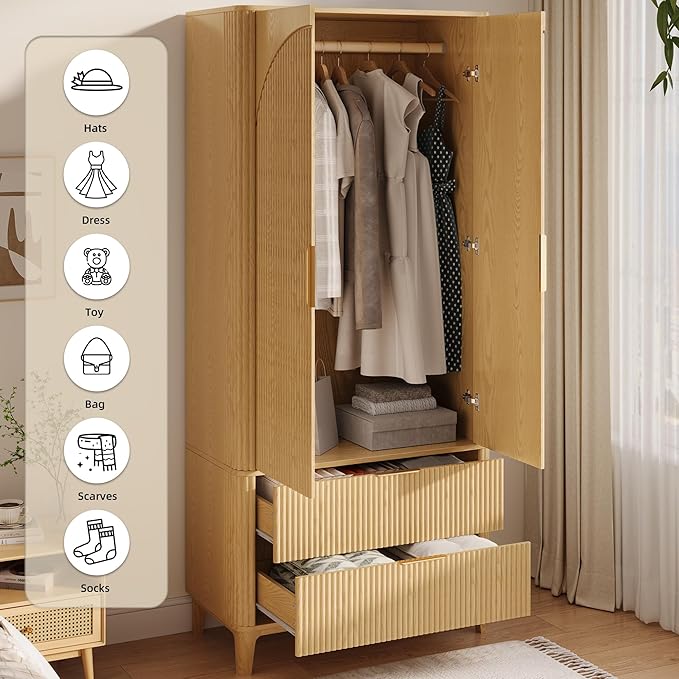 70.1" Arched Wooden Armoire Wardrobe Closet with 2 Doors and 2 Drawers,Fluted Bedroom Armoire with Hanging Rod Shelf,Wardrobe Armoire Closet Cabinet for Bedroom (Natural, 19.7)