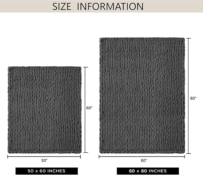 Chunky Knit Throw Blanket 60"X 80", 100% Handmade with Soft Chenille Yarn, 6.7lbs Thick Cable Knitted Blankets, Large Rope Knot Crochet Throws for Couch Sofa Bed Home Decor, Dark Grey