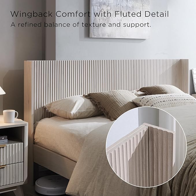 T4TREAM Fluted King Size Bed Frame with Wingback Headboard, Footboard Storage Bench with Built-in Drawers & Lift-Up Compartments, Wood & Steel Platform Bed, No Box Spring Needed, White Alder