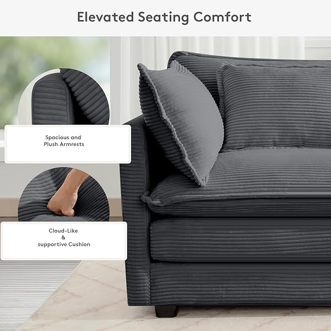 ROWHY 150'' Modular Sectional Corner Cloud Couch, 7 Seater Sofa Big Comfy Corduroy V Shaped Couch with 4 Throw Pillows, Movable Ottoman, Couches for Living Room Office Dark Grey