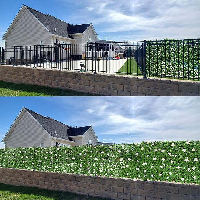 Sumery Expandable Fence Privacy Screen for Balcony Patio Outdoor,Decorative Faux Ivy Fencing Panel,Artificial Hedges (Single Sided Leaves) (2, White Flowers)