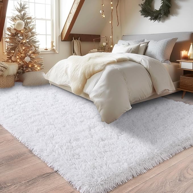 Fluffy Rugs for Bedroom Living Room, 4x6 Feet Indoor Modern Shaggy Area Rugs, Non-Slip Fuzzy Shag Floor Carpet for Dorm Nursery Kids Room Decor, Soft Plush Throw Rug, White