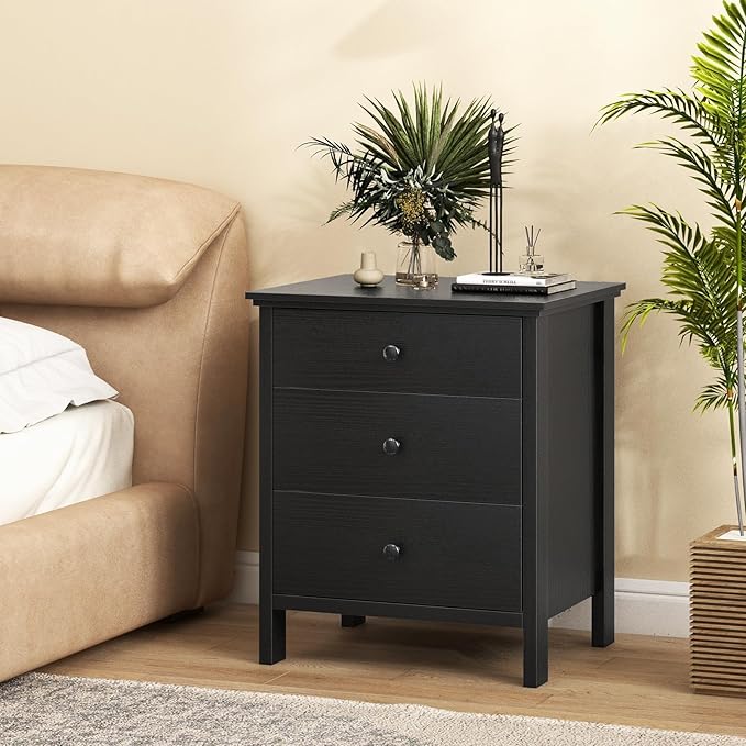 Giantex Nightstand with 3 Drawers, Wooden Side End Table with Solid Wood Legs, Retro 3-Drawer Bedside Table Night Stand for Bedroom Home Office Small Space, Easy Assembly, Black