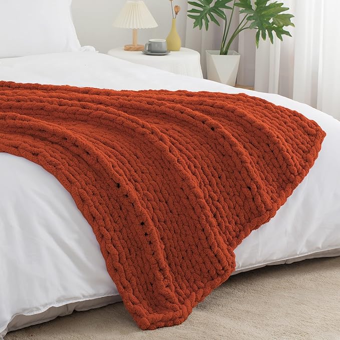 Chunky Knit Throw Blanket 50"X 60", 100% Handmade with Soft Chenille Yarn, 4.4lbs Thick Cable Knitted Blankets, Large Rope Knot Crochet Throws for Couch Sofa Bed Home Decor, Rust