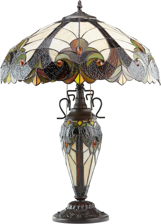 RIVER OF GOODS - Stained Glass Halston Double Lit Table Lamp - 24.5" H - Decorative Lamp for Bedroom - Bedside Lamp - Desk Lamps for Home Office - Tiffany Style - Amber