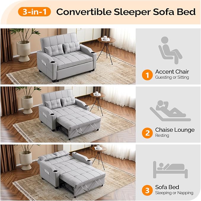 VINGLI Convertible Loveseat Sleeper, Light Grey Faux Leather Futon Sofa Bed Pullout Couch Bed with USB Ports, Cup Holders, Armrest for Living Room, Bedroom, Home Office Apartment