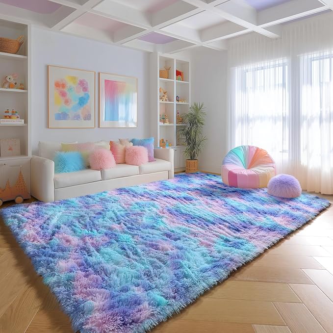 PAGISOFE Cute Furry Pastel Rug for Girls Bedroom, Soft Shag Rainbow Purple Tent Rugs for Livingroom, Kids Room, Playroom Nursery Home Decor, Plush Mermaid Kawaii Rug Fluffy Fuzzy Carpet 4x6 Area Rug