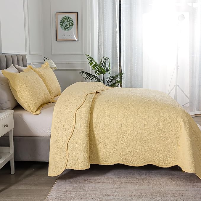 HoneiLife King Size Quilt Sets - 3 Piece Microfiber Quilt Set Lightweight Bedspreads Reversible Coverlets Rustic Bed Cover King Quilt Bedding Set All Season Quilts-Yellow