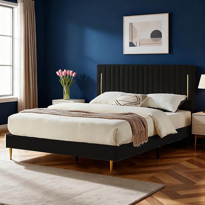 King Platform Bed Frame, Velvet Upholstered Bedframe with Vertical Channel Adjustable Headboard, Golden Plating Trim, Mattress Foundation with Wooden Slats, No Box Spring Needed, Black