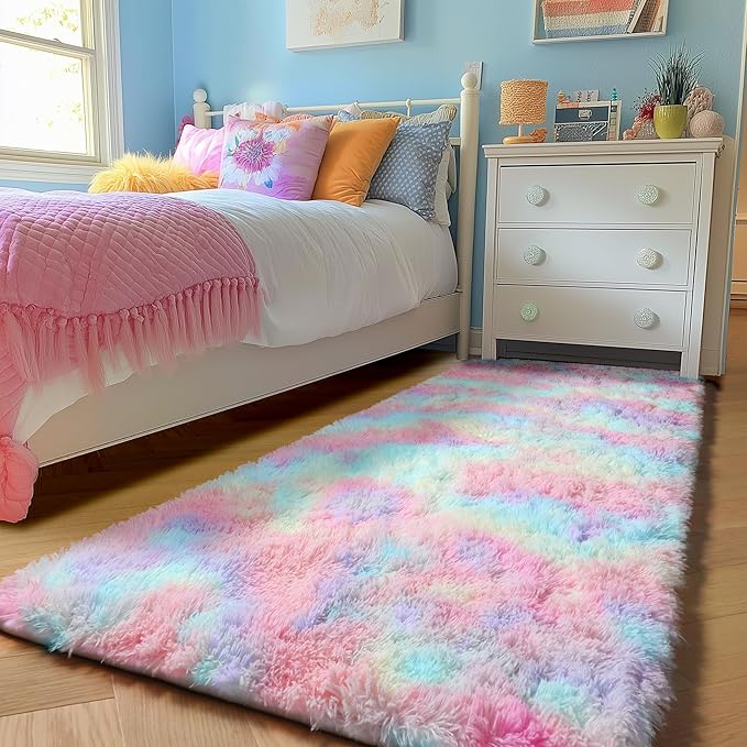 PAGISOFE Machine Washable Rainbow Runner Rugs for Girls Bedroom Hallway Plush Fluffy Rug 2x6 Ft, Soft Carpet for Living Room, Non-Slip Indoor Floor Rugs for Nursery Kids Girls Room Home Decor