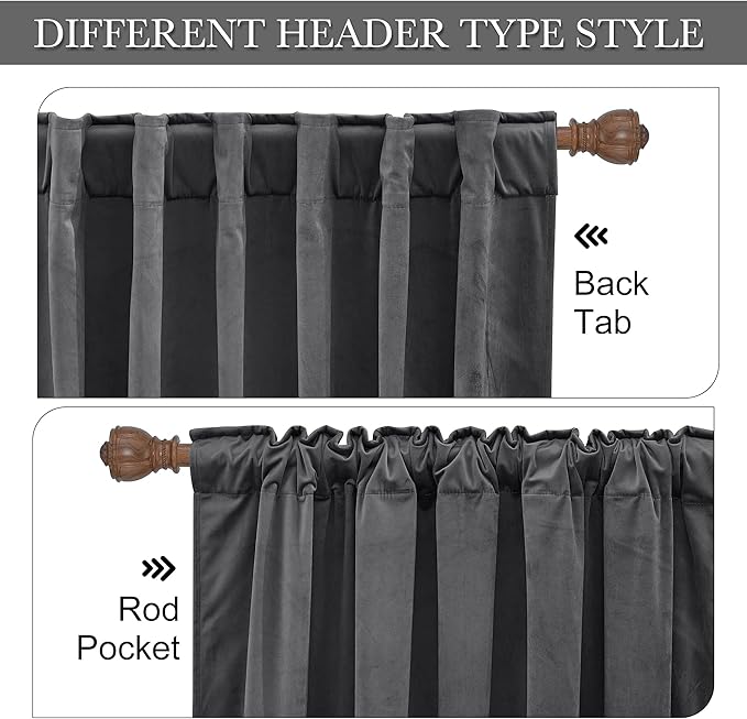 RYB Home Velvet Curtains for Living Room - Super Soft Luxury Back Tap Velvet Textured Window Drapes Room Darkening Thermal Insulated Panels for Bedroom Home Office, Grey, W52 x L96 inches, 2 Pieces