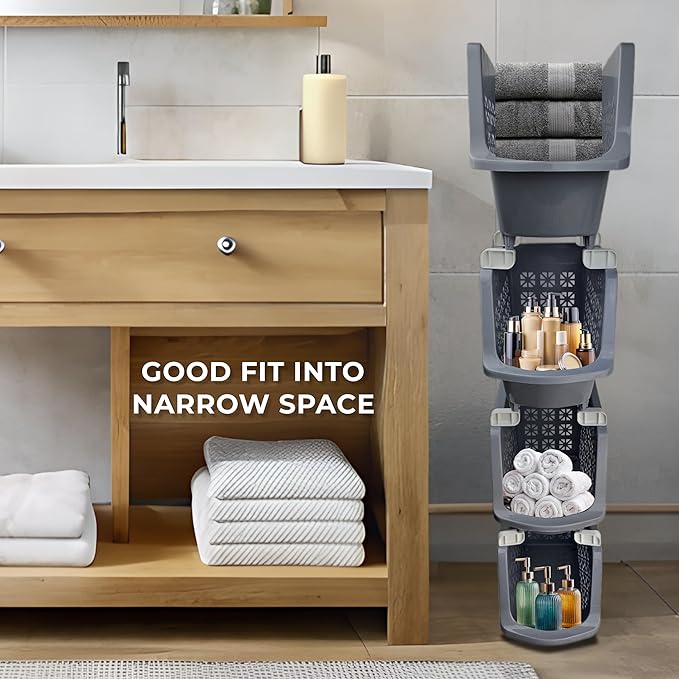 TidyFriend 4 Tier Stackable Storage Bins for Pantry with Wheels, Stackable Bins for Organizing Food, Kitchen, and Bathroom Essentials (Grey)