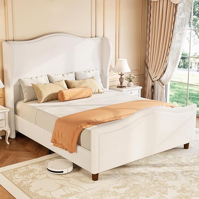 koorlian Queen Bed Frame Chenille Fully Upholstered Bed with Headboard and Footboard, 51" High Deep Tufted Wingback Sleigh Upholstered Platform Bed, Modern Retro Minimalist Style, Easy Assembly, Cream