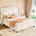 koorlian Queen Bed Frame Chenille Fully Upholstered Bed with Headboard and Footboard, 51" High Deep Tufted Wingback Sleigh Upholstered Platform Bed, Modern Retro Minimalist Style, Easy Assembly, Cream