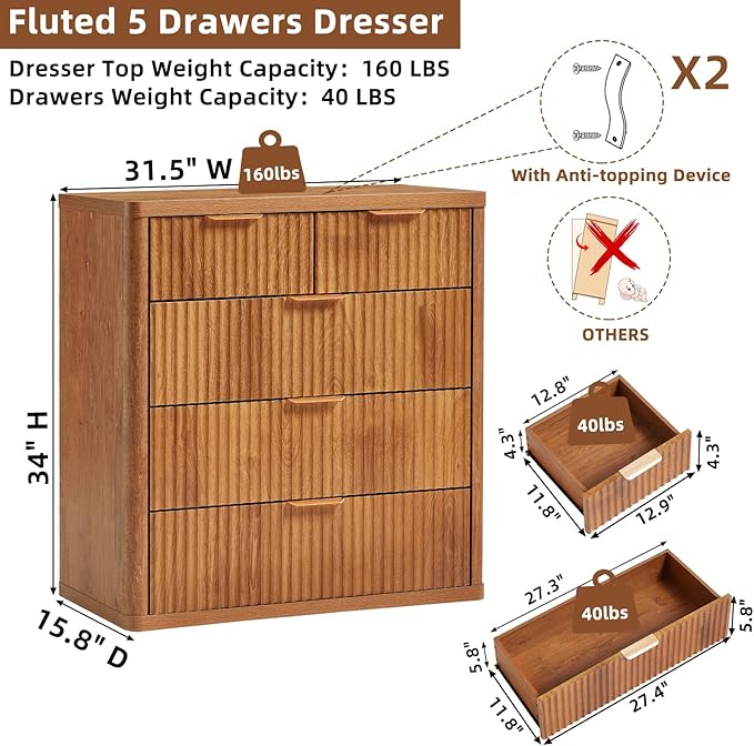 LEYAOYAO Fluted 5 Drawers Dresser for Bedroom, 34" Tall Modern Chest of Drawers with Metal Handle, Curved Profile Design,Brown Wood Drawer Organizer for Bedroom, Living Room, Hallway, Entryway